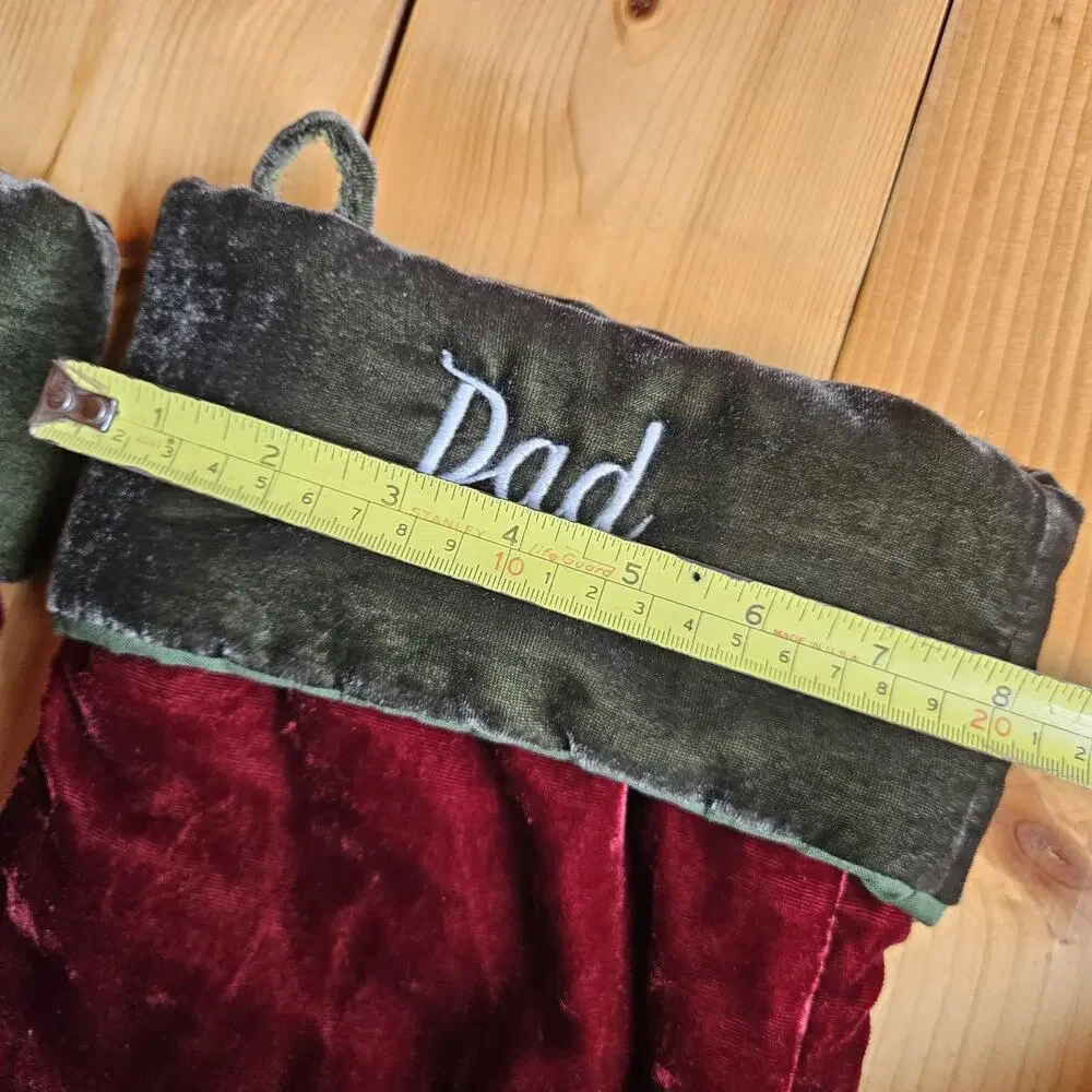TWO Pottery Barn Christmas Stockings Maroon Green Velvet Mom Dad Embroidered 21